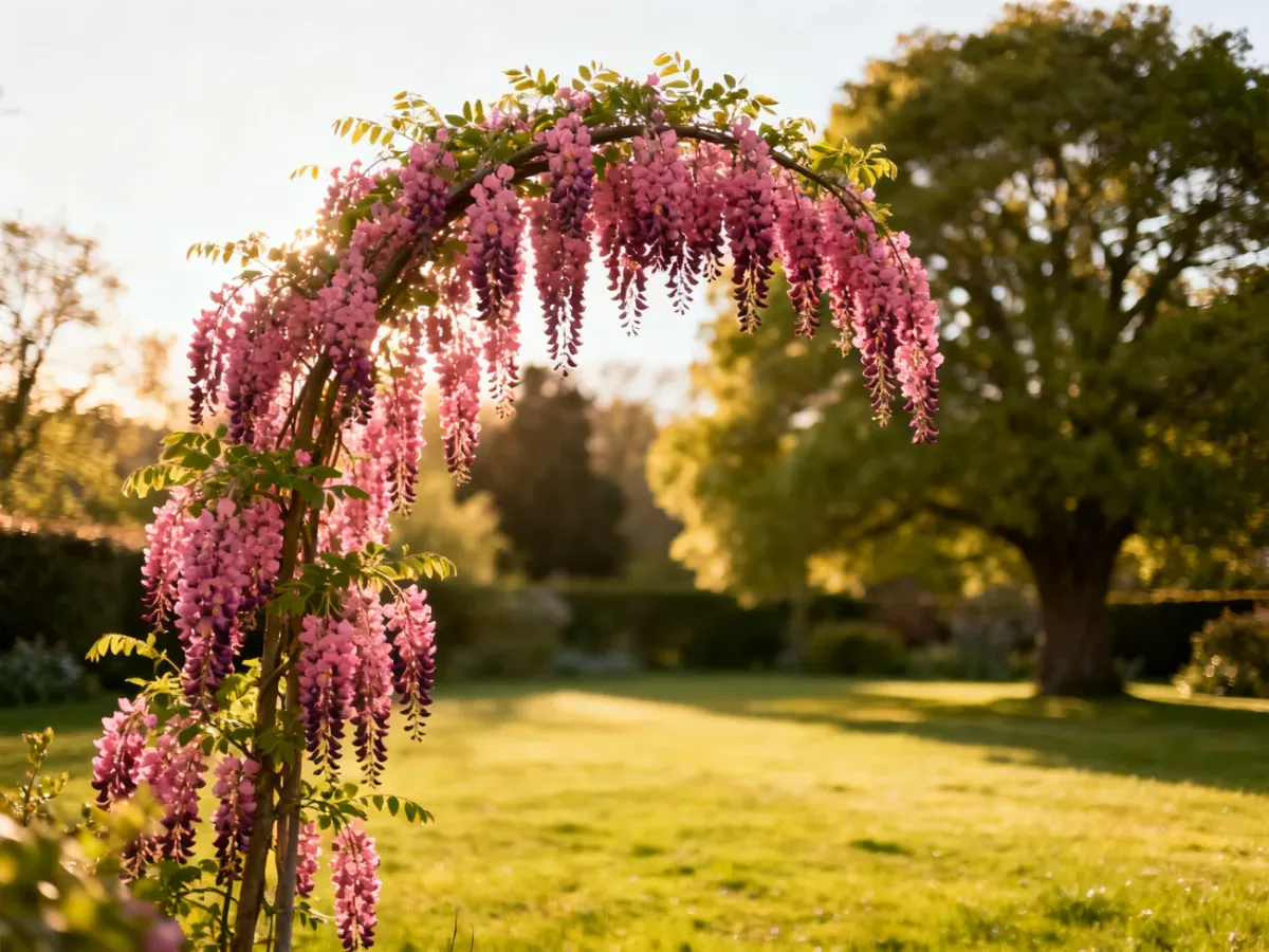 Robinia Pink Cascade z przewieszającymi się różowymi gronami kwiatów