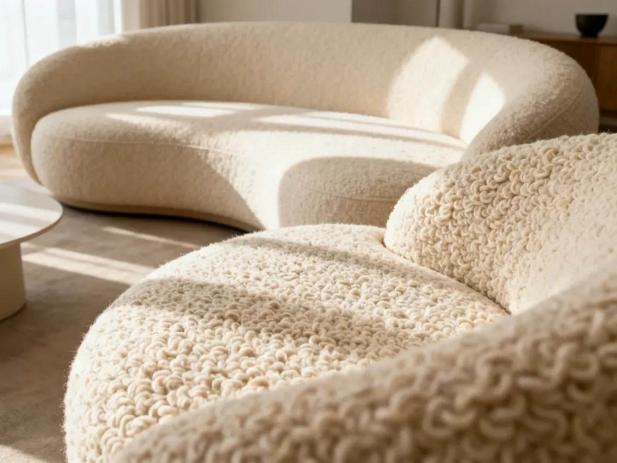Kremowa sofa bouclé o pętelkowej fakturze w minimalistycznym wnętrzu