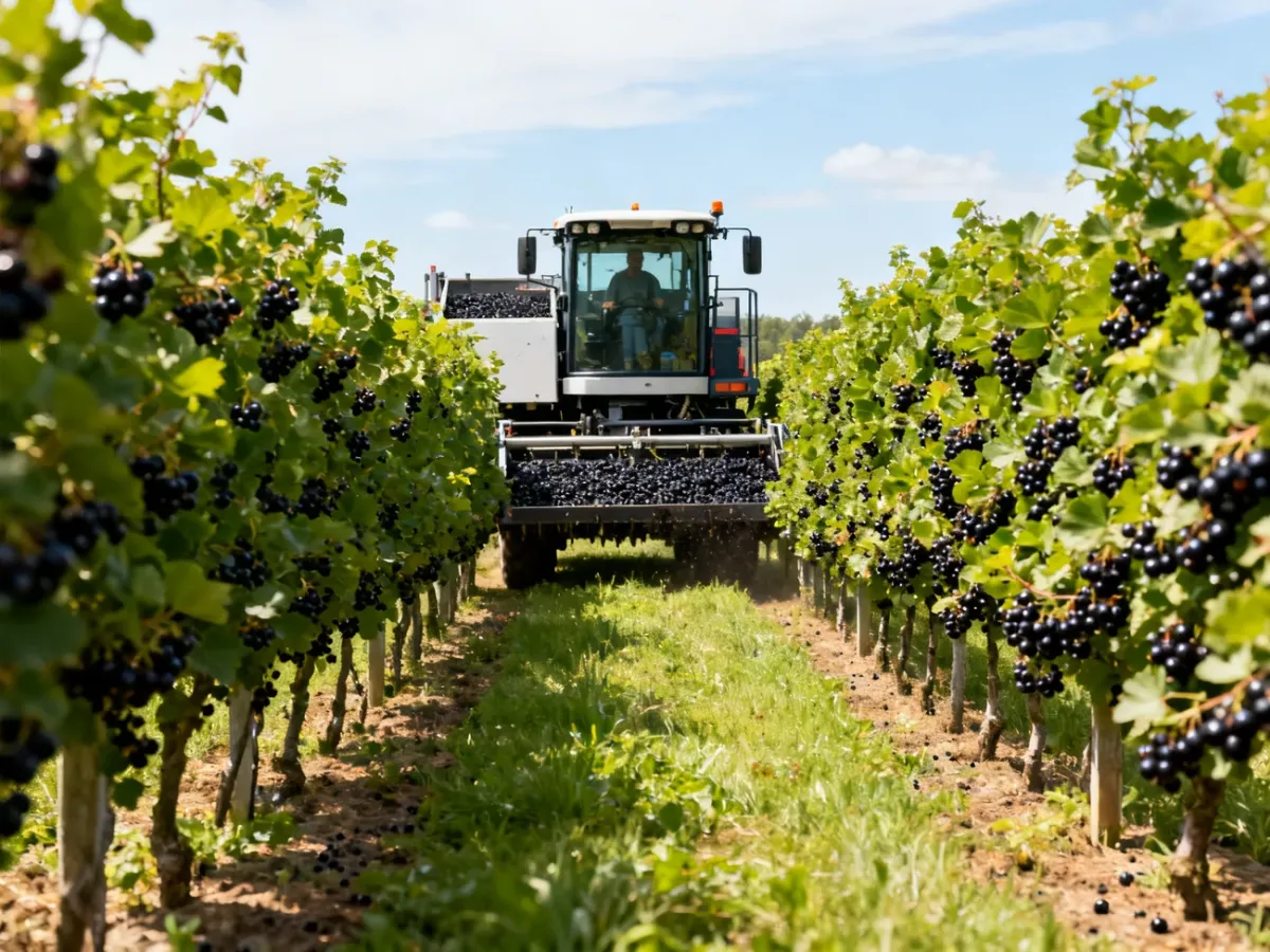 Kombajn mechanicznie zbierający czarną porzeczkę na plantacji