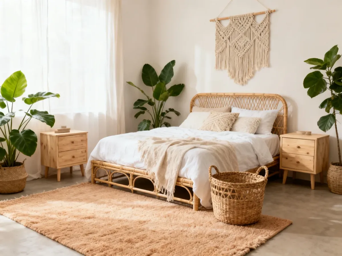 Naturalna sypialnia boho z rattanem, drewnem i roślinami