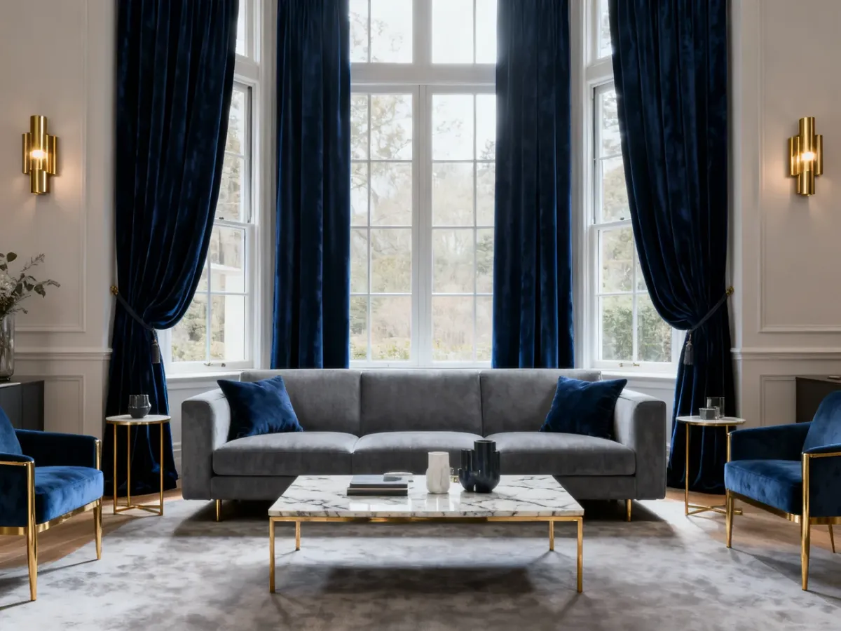 Elegancki salon z szarą kanapą i granatowymi welurowymi zasłonami