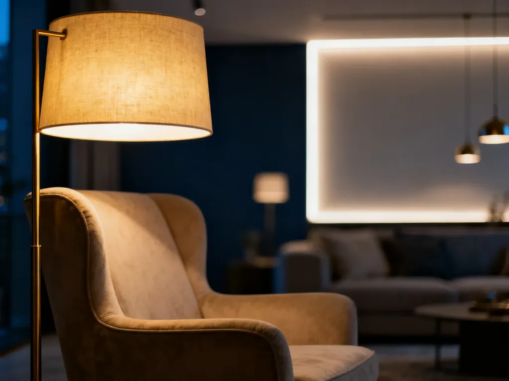 Przytulny salon z warstwowym oświetleniem: lampa podłogowa przy fotelu oraz subtelne światło LED tworzące wieczorny nastrój.
