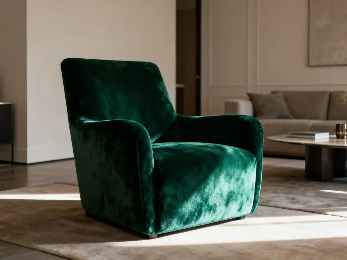 Szmaragdowy fotel obity welurem w eleganckim nowoczesnym salonie