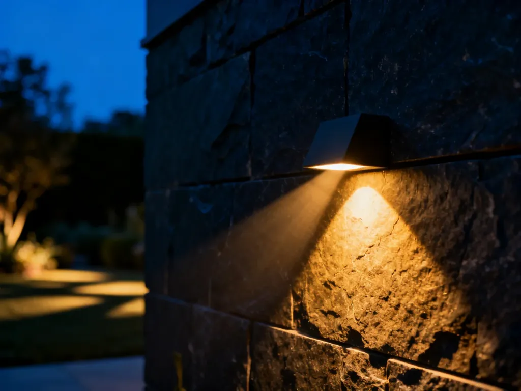 Nowoczesna lampa LED oświetlająca kamienną elewację domu ciepłym, punktowym światłem w nocnej scenerii.